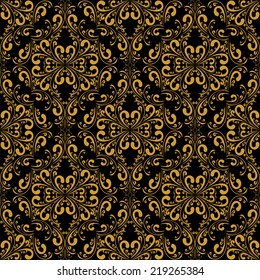 Golden seamless damask Pattern on black.