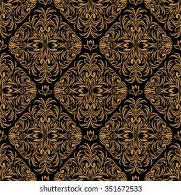 Golden seamless damask Pattern on the black. No gradient.