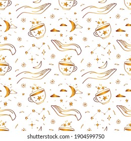 Golden seamless drawn pattern with hands and magic cups on the background of the constellations. Star ornament with celestial elements. Vector stock aesthetic illustration isolated on white background