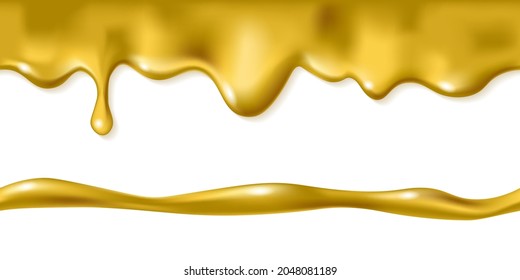 Golden seamless dripping isolated on white background. Melted gold icing or oil drop flow. Realistic 3d horizontal leaking syrup dripping. Top edge border