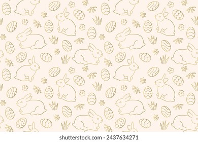 golden seamless Easter pattern with bunnies, flowers and eggs- vector illustration