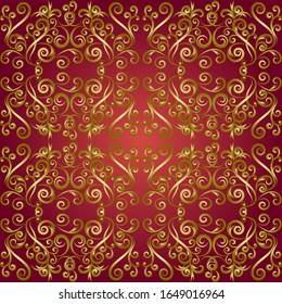 Goldenes, nahtloses Blumenmuster auf rotem Hintergrund, barocke, goldene Ornamente. Vektorillustration-Bildschirmhintergrund