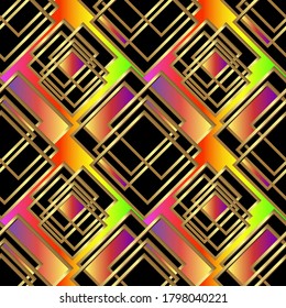 Golden seamless geometric pattern. Multi-colored squares, shapes and golden lines