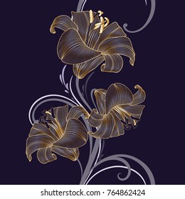 Golden seamless hand-drawing floral background with flower lily. Vector illustration.