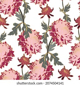 Golden seamless hand-drawing floral vintage Chrysanthemum background.