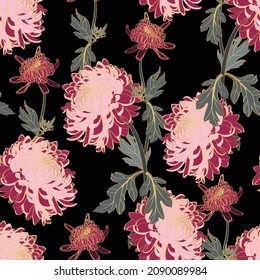 Golden seamless hand-drawing floral vintage bordo Chrysanthemum background.