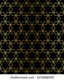 Golden seamless hexagon grid pattern. Isolated over black background.