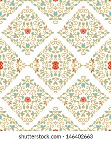 Golden seamless laced  floral pattern with red flowers and turquoise leaves on white background