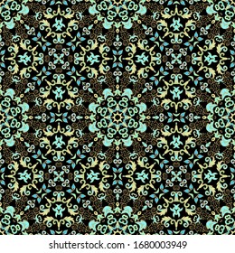 Golden seamless laced  floral pattern with flowers and  leaves on dark background