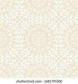 Golden seamless laced  floral pattern with flowers and  leaves on white background