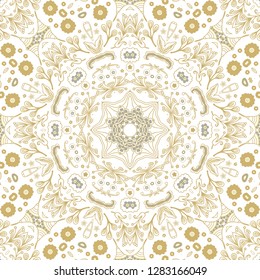 Golden seamless ornamental texture, white background, openwork, fretwork design