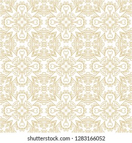 Golden seamless ornamental texture, white background, openwork, fretwork design