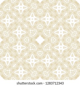 Golden seamless ornamental texture, white background, openwork, fretwork design