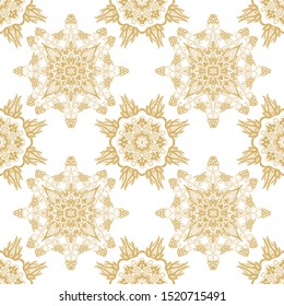 Golden seamless ornamental texture, white background, openwork, fretwork design