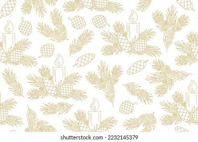 goldenes, nahtloses Muster mit Advent, Weihnachtskerze, Tannenbaumbranchen und -konen - Vektorgrafik