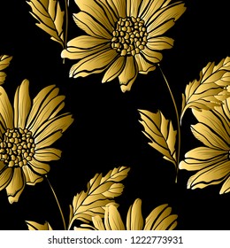 Golden seamless pattern with aster flowers, design elements. Floral  pattern for invitations, cards, print, gift wrap, manufacturing, textile, fabric, wallpapers