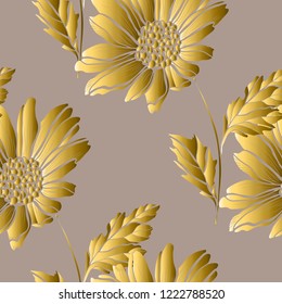 Golden seamless pattern with aster flowers, design elements. Floral  pattern for invitations, cards, print, gift wrap, manufacturing, textile, fabric, wallpapers