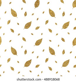 Golden seamless pattern autumn leaves, hand painted gold glitter autumn background of falling leaf, vector design for fabric, textile, wrapping paper, card, invitation, wallpaper, web design