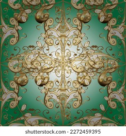Golden seamless pattern. Backdrop, fabric, gold wallpaper. Golden pattern on beige, green and neutral colors with golden elements. Flat hand drawn vintage collection. Green background.
