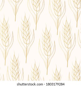Golden seamless pattern with barley, malt, rye, wheat ears for wrapping paper. Vintage gold beer background. Vector isolated illustration.