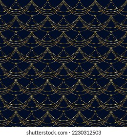 Golden seamless pattern. Beads abstract waves . Bright bugle waves. Bright festive background.  Vector design.