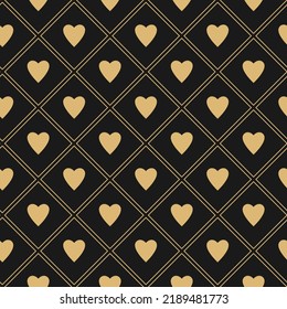 Golden seamless pattern with card suits - hearts, clubs, spades and diamonds. Casino gambling, poker wallpaper. Alice in wonderland ornament on black background