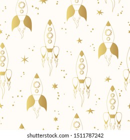 Golden seamless pattern with cartoon cute spaceships. Space shuttle background. Futuristic gold spacecrafts wallpaper for kids.
