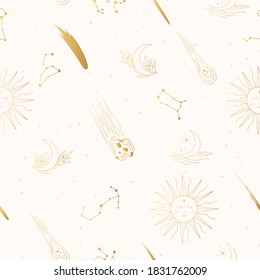 Golden seamless pattern with celestial sun, falling star, comet, constellations, starburst, galaxy. Hand drawn texture with space elements and zodiac signs. Gold background in boho style for kids.