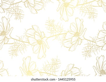 Golden seamless pattern with cosmos flowers, design elements. Floral  pattern for invitations, cards, print, gift wrap, manufacturing, textile, fabric, wallpapers