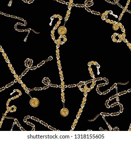 Golden seamless pattern with cross gold chain belts. Fashion hand drawn sketch on black background. Fabric design ornament.