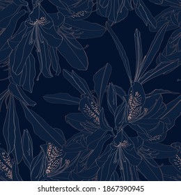 Golden seamless pattern design, Rhododendron Oleander Azalea leaves with flowers with hand drawn doodle graphics on blue background.