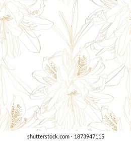 Golden seamless pattern design, Rhododendron Oleander Azalea leaves with flowers with hand drawn doodle graphics on white background.