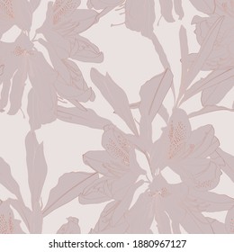 Golden seamless pattern design, Rhododendron Oleander Azalea leaves with flowers with hand drawn doodle graphics on pink background.
