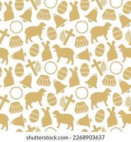 golden seamless pattern with Easter, Holy Week, Good Friday related icons: cross with palm leaf, crown of thorns, bell, lamb, bunny, egg and cake- vector illustration
