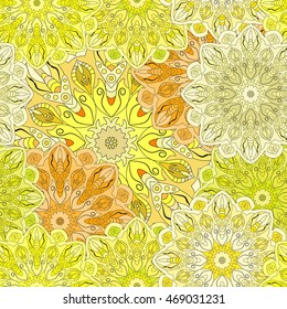 Golden seamless pattern with eastern floral ornament. Floral oriental design in aztec, turkish, pakistan, indian, chinese, japanese style. Wrapping paper or front-side, vector art.