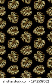 Golden seamless pattern of embroidered tropical monstera palm leaves on black background. Embroidery stitches imitation