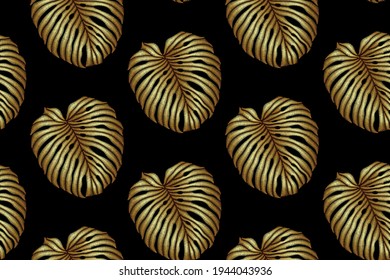 Golden seamless pattern of embroidered tropical monstera palm leaves on black background. Embroidery stitches imitation