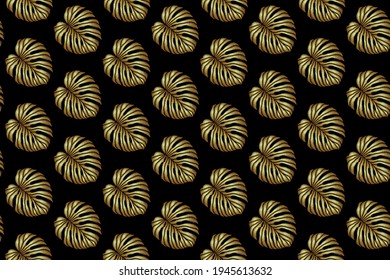 Golden seamless pattern of embroidered tropical monstera palm leaves on black background. Embroidery stitches imitation