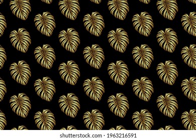 Golden seamless pattern of embroidered tropical monstera palm leaves on black background. Embroidery stitches imitation