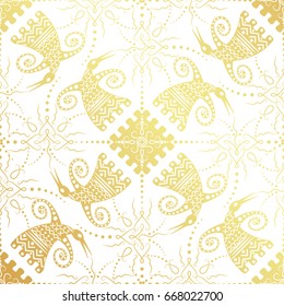 golden seamless pattern, ethnic birds, vector