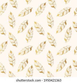 Golden seamless pattern with feathers. Gold Indian quil background for textile. Vector isolated boho illustration.