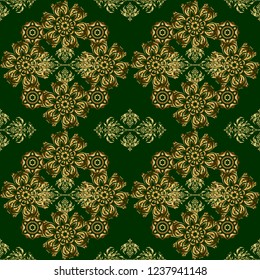 Golden seamless pattern. Glitter background. Green background. Vector luxury green background with golden elements.