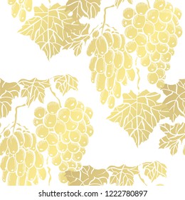 Golden seamless pattern with grapes, design elements. Floral  pattern for invitations, cards, print, gift wrap, manufacturing, textile, fabric, wallpapers