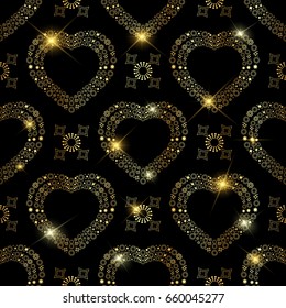Golden seamless pattern with hearts made of stars.