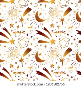 Patrón dorado sin fisuras con elementos celestiales. Cometas dibujadas a mano, luna creciente y estrellas brillantes con textura dorada. Ilustración de material vectorial aislada en fondo blanco.