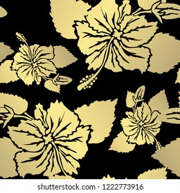 Golden seamless pattern with hibiscus flowers, design elements. Floral  pattern for invitations, cards, print, gift wrap, manufacturing, textile, fabric, wallpapers
