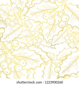 Golden seamless pattern with holly berries, design elements. Christmas and New Year pattern for invitations, cards, print, gift wrap, manufacturing, textile, fabric, wallpapers