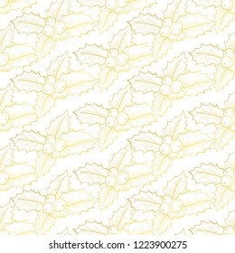 Golden seamless pattern with holly berries, design elements. Christmas and New Year pattern for invitations, cards, print, gift wrap, manufacturing, textile, fabric, wallpapers