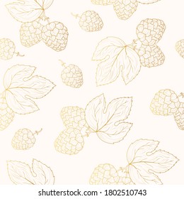 Golden seamless pattern with hop cones with leaves on branch in engraving style. Gold vintage texture for pub or wallpaper. Vector isolated illustration. Menu background.
