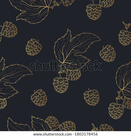 Golden seamless pattern with hop cones in engraving style. Gold vintage texture for pub or wallpaper. Vector isolated illustration. Menu background.
